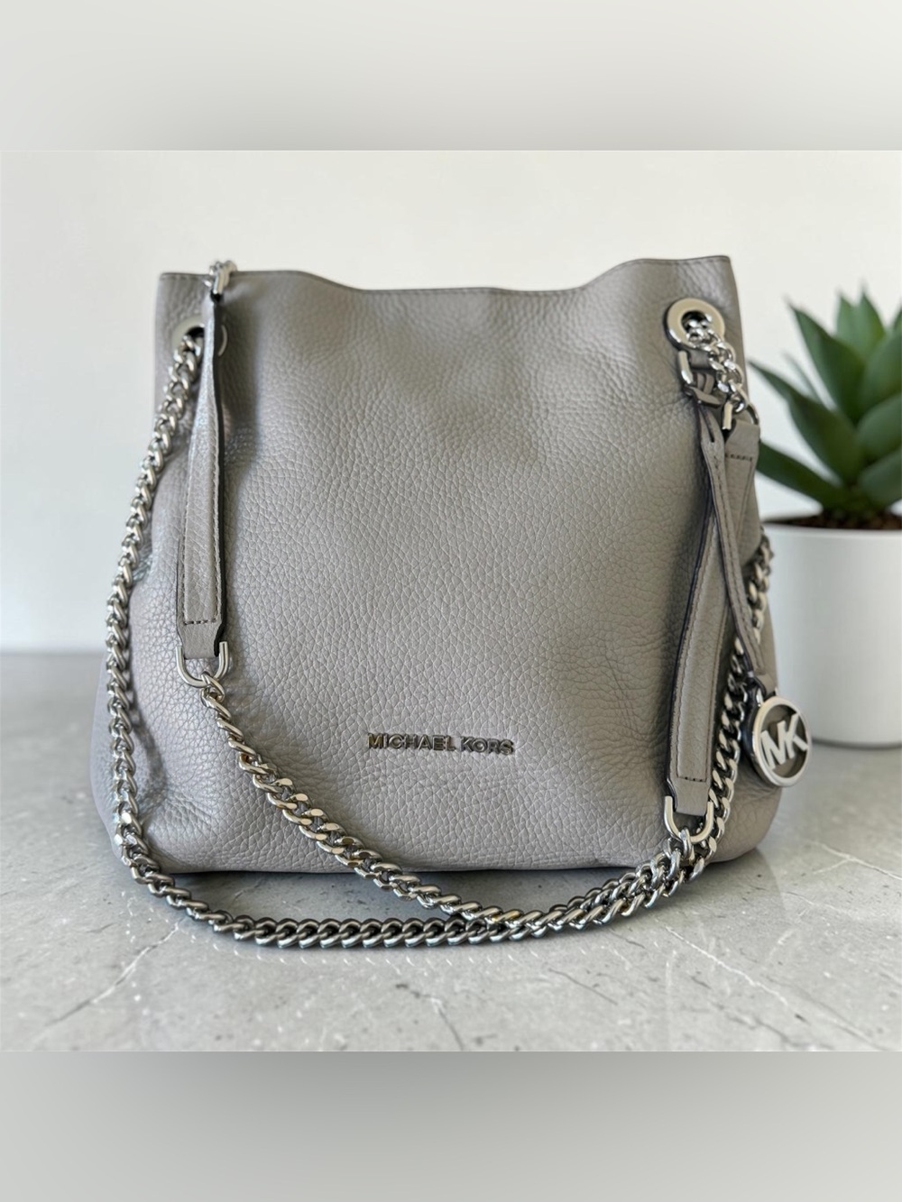 Michael Kors Silver-Gray Pebbled Leather Chain Shoulder Bag
